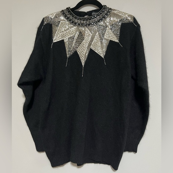 Vintage Diffusion Black Silver Beaded Sweater Size Medium Holiday Party 80s 90s - Picture 1 of 9